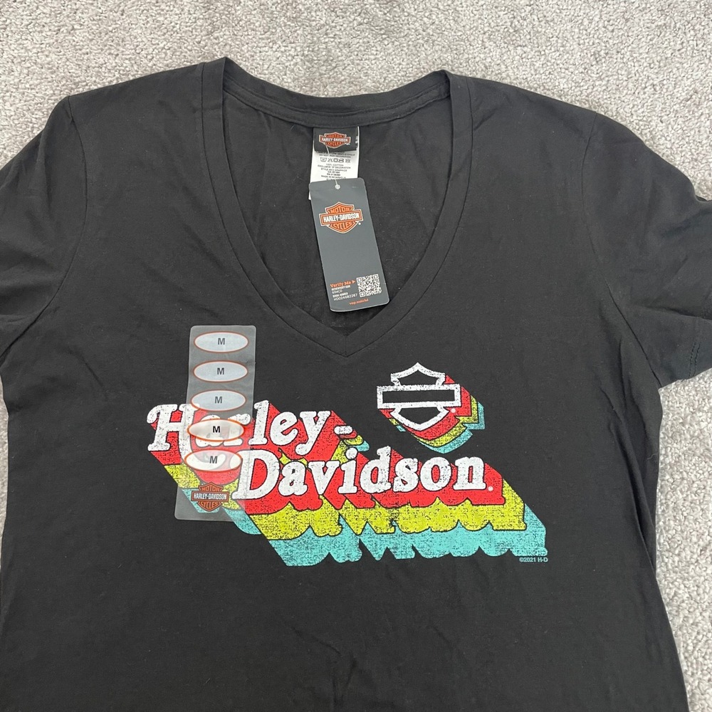 Harley-Davidson Tee Womens Medium Retro Black Graphic V-Neck NEW Motorcycles NWT